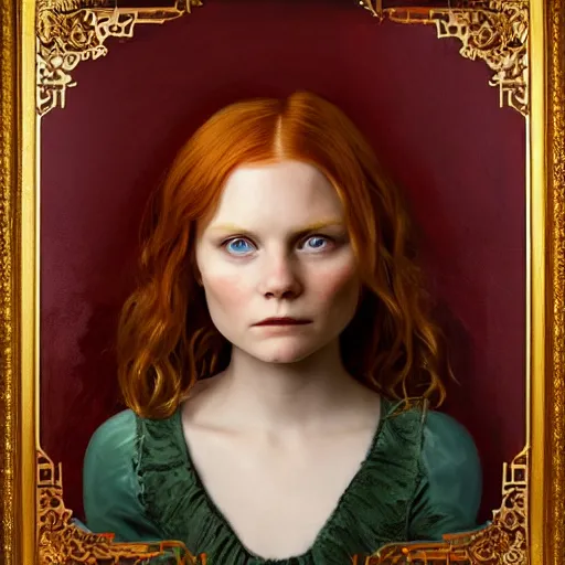 Image similar to majestic gracious regal aristocratic redhead child version of kirsten dunst as the vampire child claudia portrait, indoors, atmospheric lighting, painted, intricate, volumetric lighting, beautiful, rich deep colours masterpiece, sharp focus, ultra detailed, by leesha hannigan, ross tran, thierry doizon, kai carpenter, ignacio fernandez rios