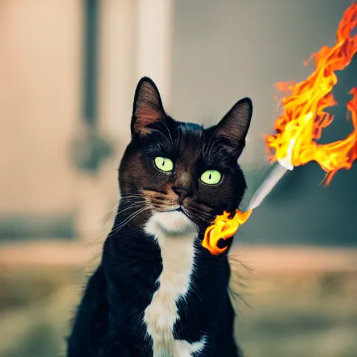 Prompt: professional photograph of a cat throwing a molotov