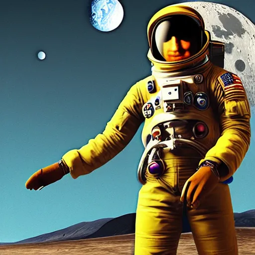 Image similar to space cowboy on the moon, earth in the background, photorealistic digital art