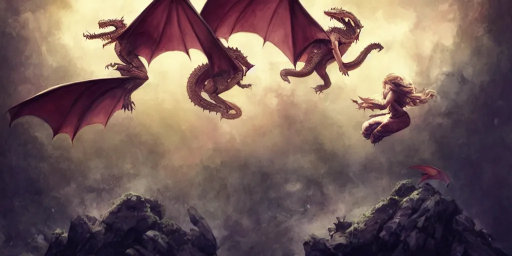 Image similar to Emilia Clarke jumping over a pit with dragons behind her in the air, artwork by charlie bowater