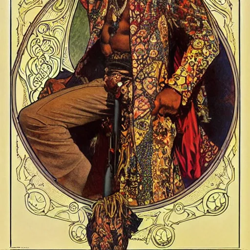 Prompt: artwork by Franklin Booth and Alphonse Mucha showing a portrait of Jimi Hendrix