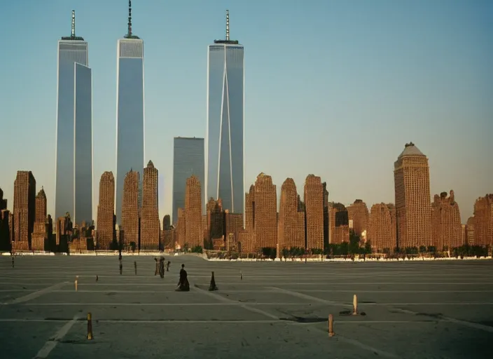 Prompt: 9 / 1 1 twin towers directed by wes anderson, perfect symmetry and composition, cinestill 8 0 0 t film