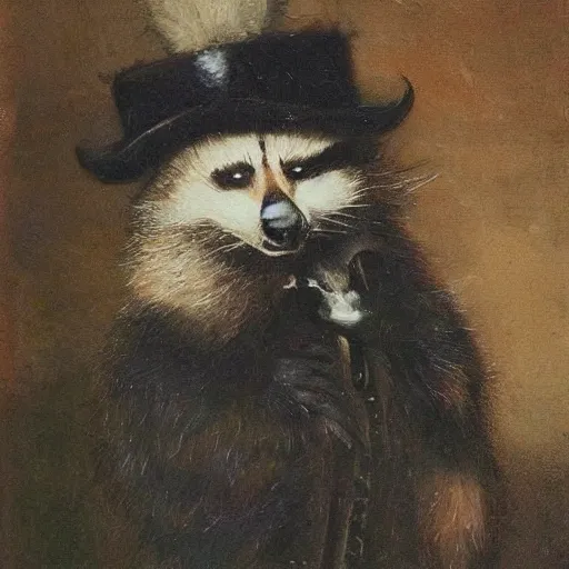 Prompt: a gentleman raccoon wearing a tophap, portrait, painting, detailed, artwork by Rembrandt