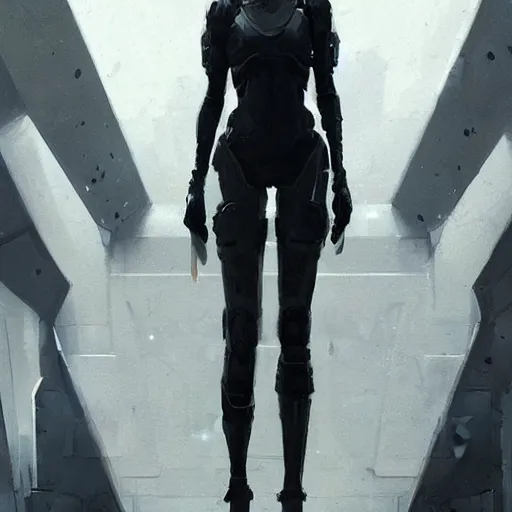 Image similar to concept art by greg rutkowski, a very tall, slender redhead girl wearing futuristic white and black tactical gear, brutalist futuristic interior, dim lighting, detailed portraits, nostalgic atmosphere, scifi, digital painting, artstation, concept art, smooth, sharp foccus ilustration, artstation hq