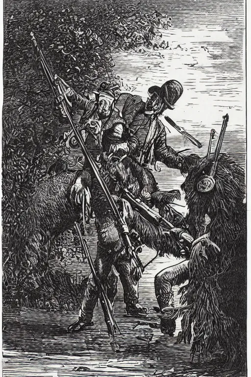 Prompt: 19th century wood-engraving of a British man hunting a mammoth with a flintlock rifle, whole page illustration from Jules Verne book, art by Édouard Riou Jules Férat and Henri de Montaut, high quality, beautiful, removed watermarks