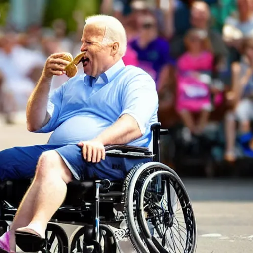 Image similar to obese joe biden sitting in a wheelchair, licking icecream