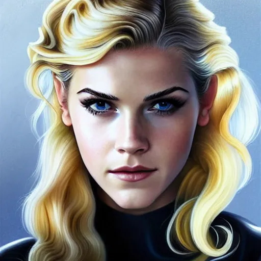 Image similar to A combination of Katheryn Winnick's and Grace Kelly's and Emma Watson's faces with blonde hair as Solid Snake from Metal Gear Solid, full body portrait, western, D&D, fantasy, intricate, elegant, highly detailed, digital painting, artstation, concept art, matte, sharp focus, illustration, art by Artgerm and Greg Rutkowski and Alphonse Mucha