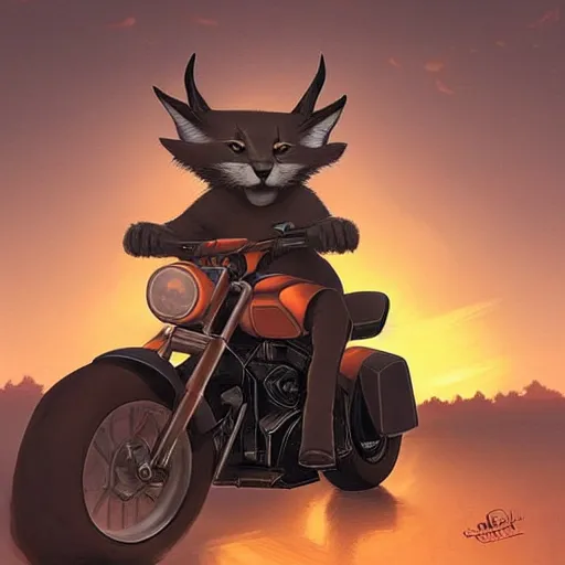 Image similar to cute fluffy caracal riding a harley motorcycle, road, sunset. adventurous, atmospheric lighting, stunning. by ted nasmith, makoto shinkai, rossdraws, james jean, andrei riabovitchev, marc simonetti, krenz cushart, trendig on artstation, digital art