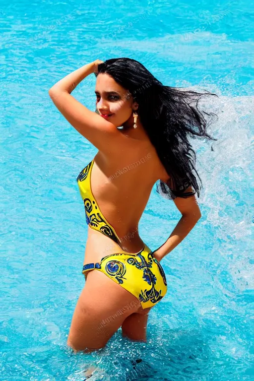 Prompt: Latina girl with long black hair playing in a Versace bathing suit