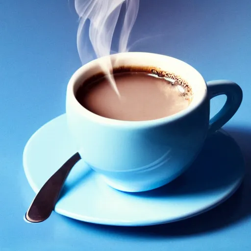 Prompt: stock photo of cup of coffee, artistic styling, blue tint, steam rising from the cup, very detailed and realistic