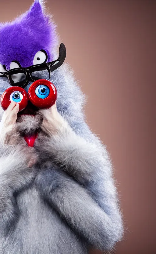 Image similar to An award winning photograph of a blue-eyed furry creature, red fur, with a large purple mustache, large eyes, bubbles in the air, wheels for hands, studio lighting, medium shot, Sigma 85mm, 8k