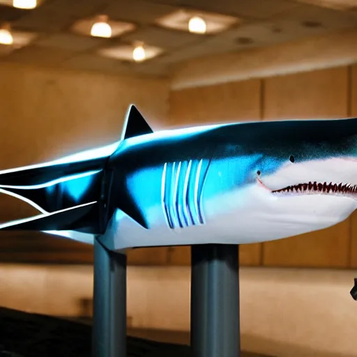 Prompt: photo of a robot shark with a laser on it's head