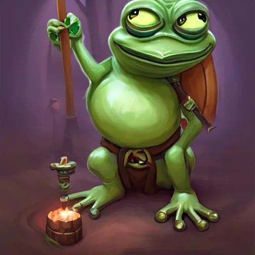 Prompt: cute little anthropomorphic pepe frog, wielding a magic staff, tiny, small, short, wizard robe, cute and adorable, pretty, beautiful, dnd character art portrait, matte fantasy painting, deviantart artstation, by jason felix by steve argyle by tyler jacobson by peter mohrbacher, cinema