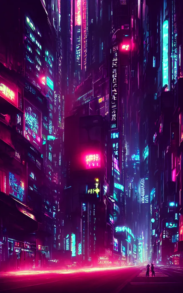 Image similar to concept art of a magnificent dark neon futuristic cyberpunk city bustling street at night cyberart in the style of liam wong in the film akira rendered in octane, 3 d render, trending on cgsociety, blender 3 d, displacement mapped, sharp focus