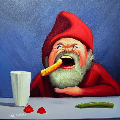 Prompt: oil painting of an angry gnome screaming while eating