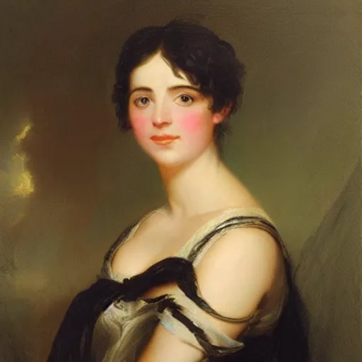 Image similar to Romanticism painting of a young woman with short dark hair painted in 1798 by Sir Thomas Lawrence