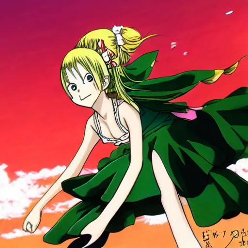 Prompt: anime, girl, green dress, flying, one piece, by eiichiro oda