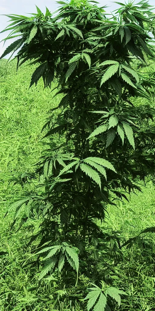 Prompt: giant marihuana plant with cows sleeping in it's shade