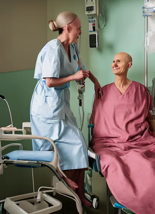 Image similar to an award winning hopeful photo of a bald 4 5 year old woman hospital patient sitting in a hospital room, wearing a hospital gown, with an iv drip, hopeful, smiles at a girl sitting on a guest chair. marketing photo by charlie waite, max rive, caroline foster.