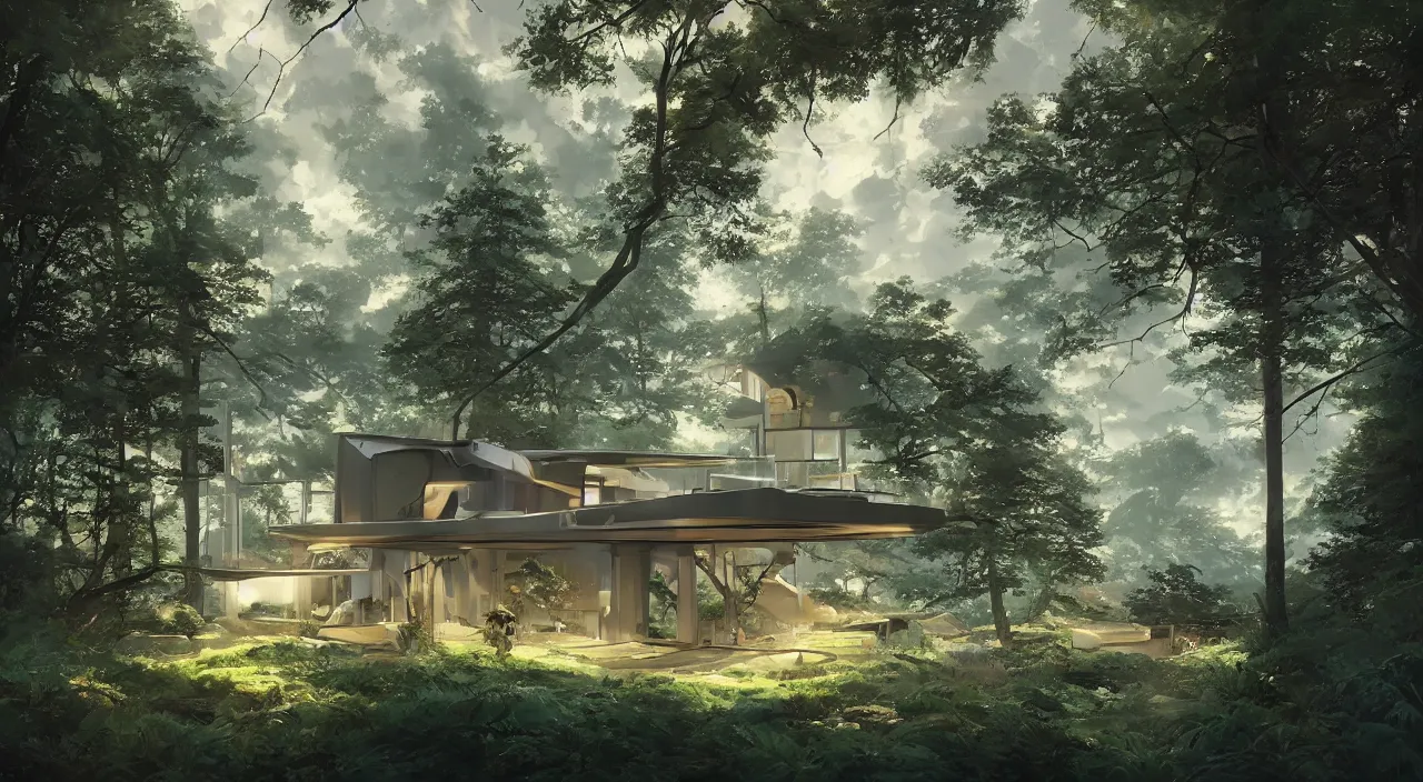 Image similar to a futuristic house sitting in the middle of the forest, unreal engine, fantasy art by greg, loish, rhads, ferdinand knab, makoto shinkai and lois van baarle, ilya kuvshinov, rossdraws, tom bagshaw, night lighting, trending on studio ghibli, volumetric lighting, octane render, 8 k, keyshot