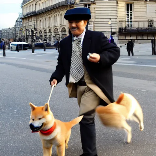 Image similar to Shiba Inu in a beret walks down the streets of Paris, carrying a baguette