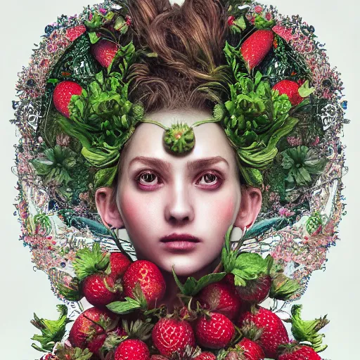 Image similar to the portrait of an absurdly beautiful, graceful, elegant, sophisticated, chaste woman made of strawberries and green petals looking up, an ultrafine hyperdetailed illustration by kim jung gi, irakli nadar, intricate linework, bright colors, octopath traveler, final fantasy, unreal engine 5 highly rendered, global illumination, radiant light, detailed and intricate environment