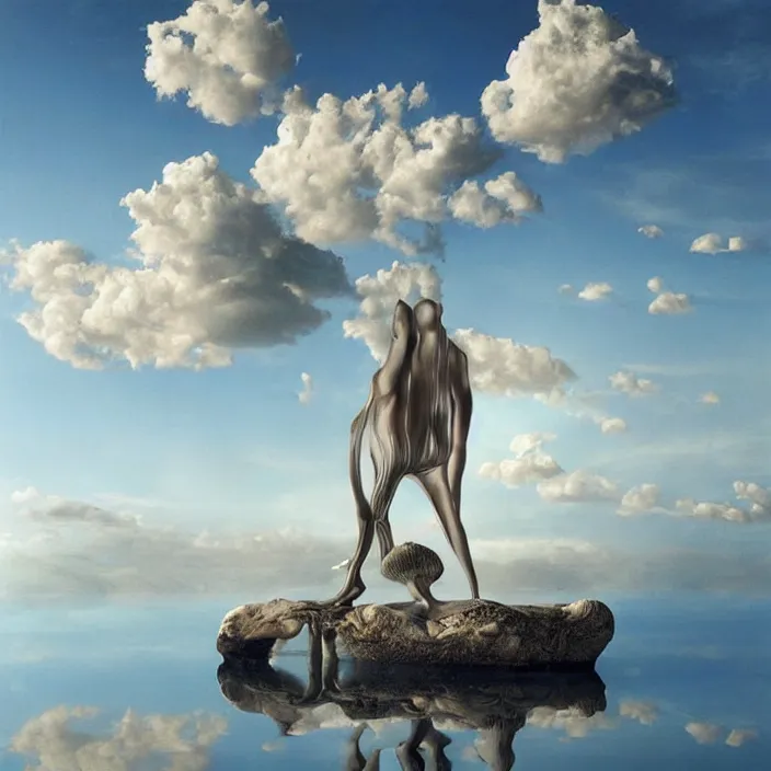 Image similar to hyperrealistic random objects in a surreal minimalistic dreamscape environment by salvador dali, enormous melting mannequin head statue, highly detailed, 3 d render, beautiful clouds, octane, beautiful lighting, photorealistic, intricate, elegant, wayne barlowe, water, mirrors, doorway, beautiful, masterpiece, trending on artstation, artgerm, checkered floor