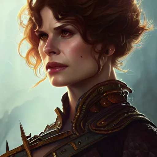 Prompt: Katja Herbers as a fantasy rogue, closeup character portrait, D&D, fantasy, intricate, elegant, highly detailed, digital painting, artstation, concept art, matte, sharp focus, illustration, art by Artgerm and Greg Rutkowski and Alphonse Mucha