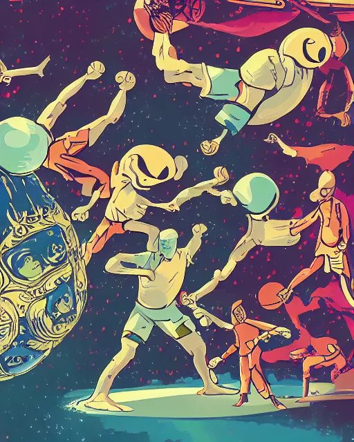 Image similar to digital illustration of a aliens doing mixed martial arts and basketball, mix of styles, collage of styles, highly detailed, abstract, intricate, studio ghibli color scheme