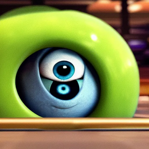 Image similar to A photo of Mike wazowski sat inbetween bowling balls in a rack at the bowling alley, photorealistic, 4k