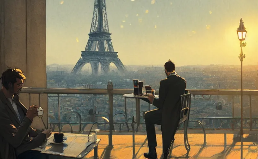 Image similar to elegant man drinking coffee at balcony in france, city with eiffel tower seen behind, moody sunset, late night, detailed characters, by greg rutkowski, alphonse mucha, beeple, sharp focus, digital art, smooth, light refraction, pixiv art, volumetric lighting, makoto shinkai