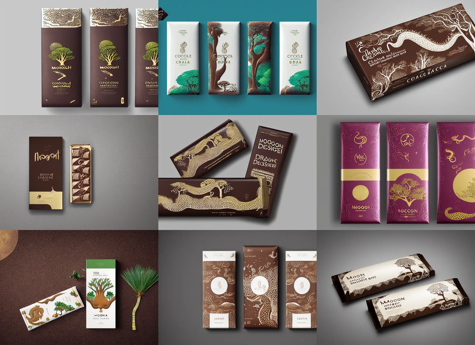 Prompt: conceptual designer chocolate bar packaging, inspired by moonlit socotra island with dragon trees, label design, behance, designerpeople, packaging of the world, award, front label, packaging design, octane render