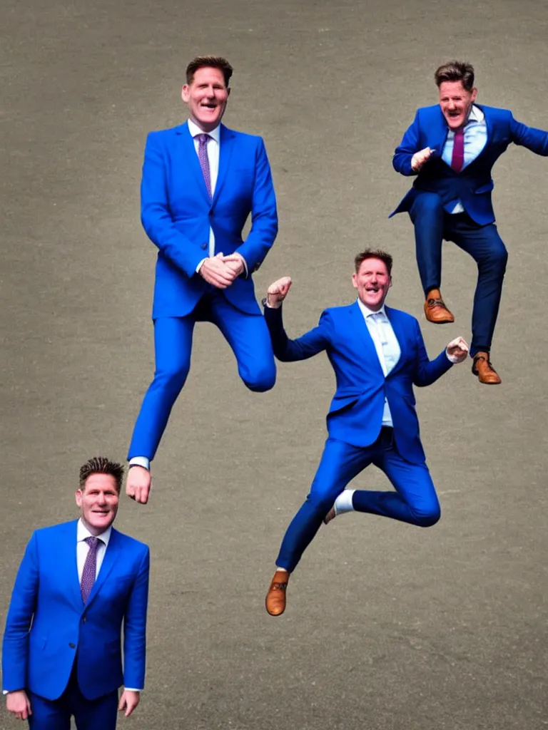 Image similar to Sir Kier Starmer wearing a blue suit jumping on top of a toyota yaris