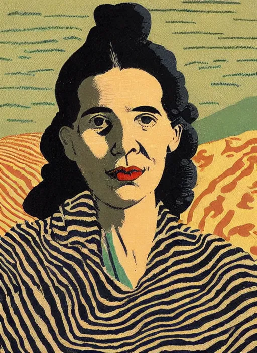 Prompt: an extreme close - up portrait of a factory woman dressed in various types of cloth patterns in a scenic representation of mother nature and the meaning of life by billy childish, thick visible brush strokes, shadowy landscape painting in the background by beal gifford, vintage postcard illustration, minimalist cover art by mitchell hooks