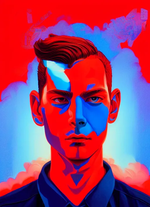 Image similar to red and blue color theme, beautiful hyperrealisitic portrait of burning police officer, tristan eaton, victo ngai, artgerm, rhads, ross draws