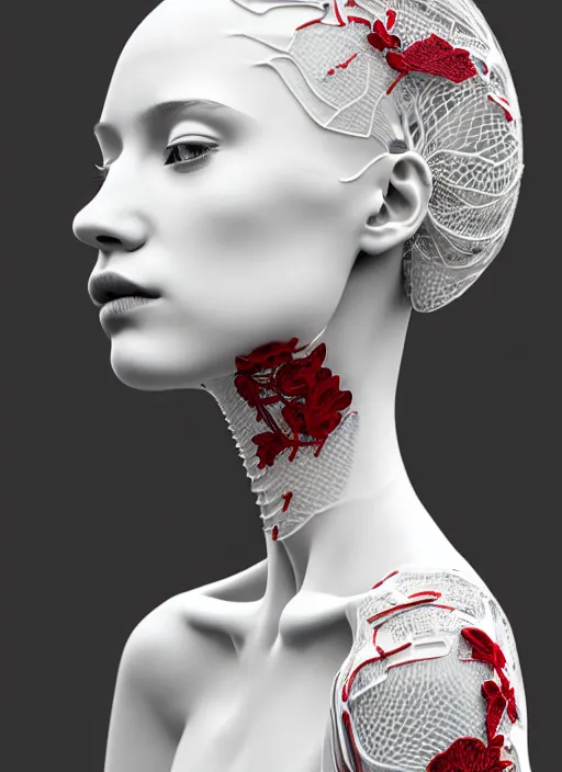 Image similar to complex 3d render ultra detailed of a beautiful porcelain profile young woman face, biomechanical cyborg, 200 mm lens, beautiful studio soft light, rim light, silver white gold red details, magnolia big leaves achromatic and stems, roots, fine foliage lace, mesh wire, Alexander Mcqueen high fashion haute couture, art nouveau fashion embroidered, intricate details, hyper realistic, ultra detailed, mandelbrot fractal, anatomical, facial muscles, cable wires, microchip, elegant, octane render, H.R. Giger style, 8k post-production, trending on Artstation