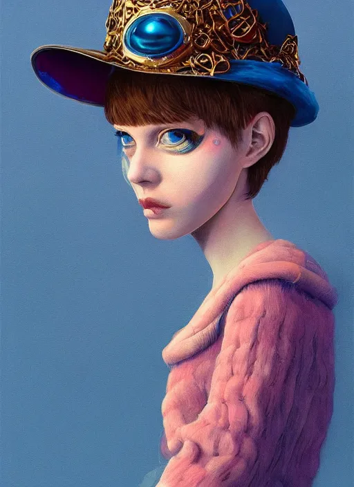 Image similar to blue eyes girl with transparent hat :: by Martine Johanna and Simon Stålenhag and Chie Yoshii and wlop and Guillermo del toro :: ornate, dynamic, particulate, rich colors, elegant, centered, artstation, smooth, sharp focus, octane render, 3d