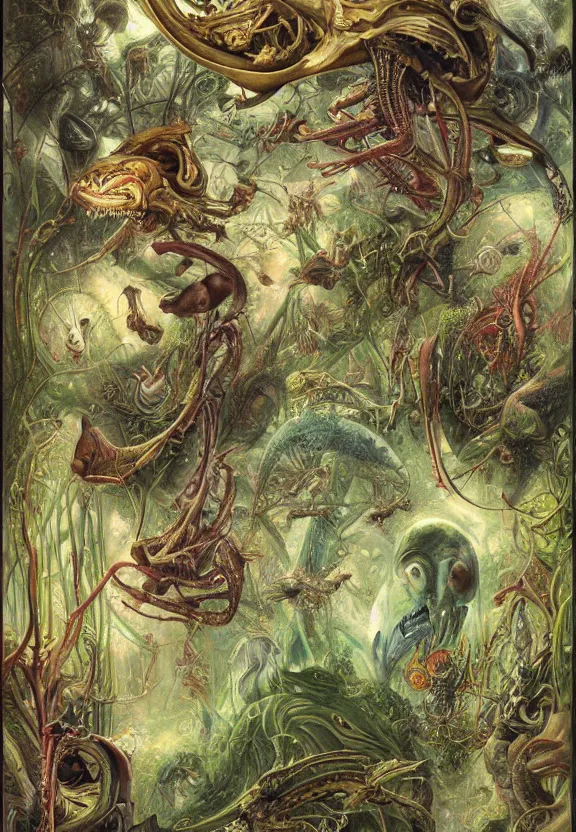 Image similar to elegant, muscular sharks, human babies, botany, orchids, radiating, colorful mandala, psychedelic, overgrown garden environment, by h. r. giger and esao andrews and maria sibylla merian eugene delacroix, gustave dore, thomas moran, pop art, biomechanical xenomorph, art nouveau, somber, horror