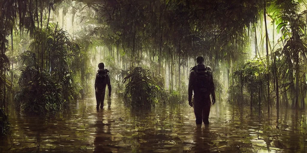 Image similar to an atmospheric painting of an astronaut walking through a flooded underground that is overgrown with jungle plants and vegetation, beautifully lit and highly detailed painting by Johnny Morant