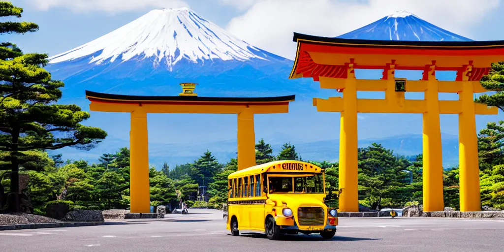 Image similar to Yellow school bus driving towards a Japanese Torii gate at Mount Fuji location in Japan, time travel, ray tracing