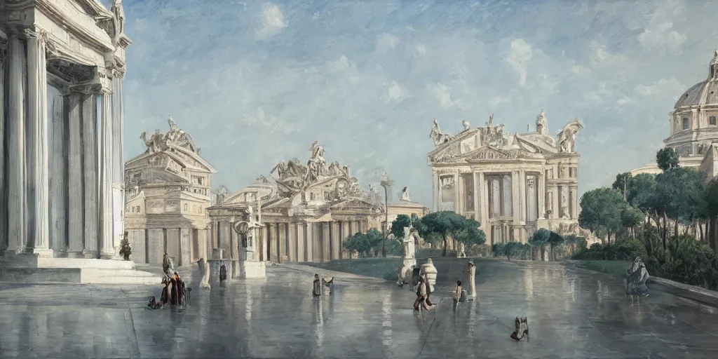 Prompt: utopian city made out of glistening, white marble, nature backdrop, fusion between historical and modern futuristic architecture, rome, minimalism, oil painting