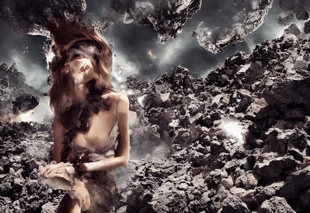 Prompt: fashion editorial in asteroids crashing on earth. gigantic explosions. wide angle shot. highly detailed. depth of field. high definition. 8k. photography.