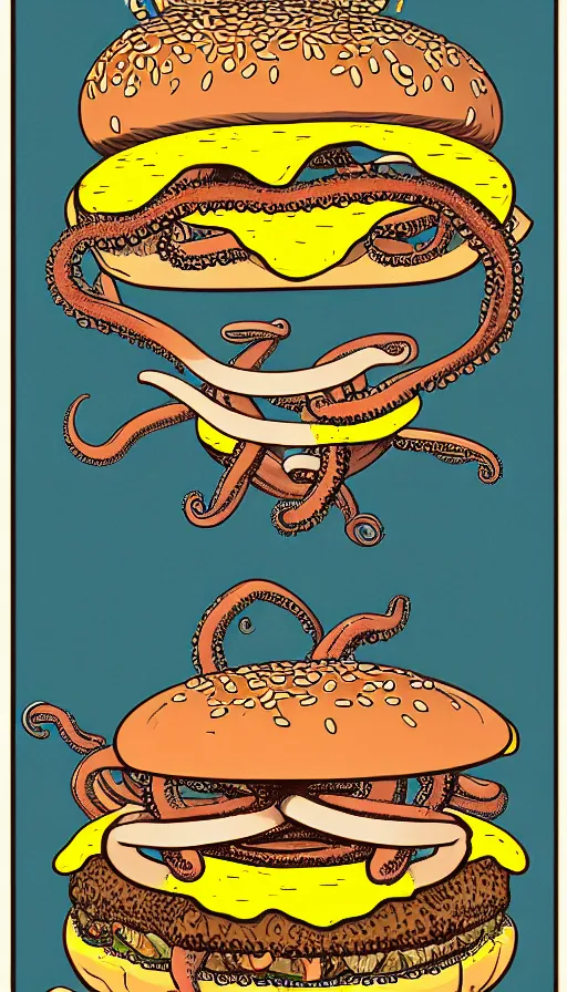 Image similar to illustration of a an octopus inside a cheeseburger, highly detailed, 8 k, vintage, screen print, trending on artstation