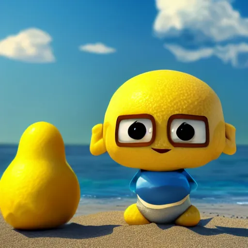 Image similar to a supercute cartoonnetwork lemon character, that is cute and good looking, it's is relaxing on a beach, by dalle - 2, octane render, 3 d, volumetric lightening,