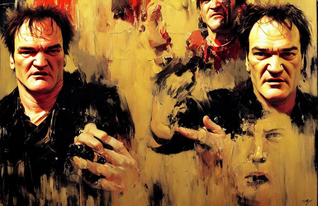 Image similar to portrait of quentin tarantino!!!!!!!!!!!!!!!!!!!!!!!!!!!, detailed face, detailed painting,, epic lighting, by ilya repin, phil hale and kent williams