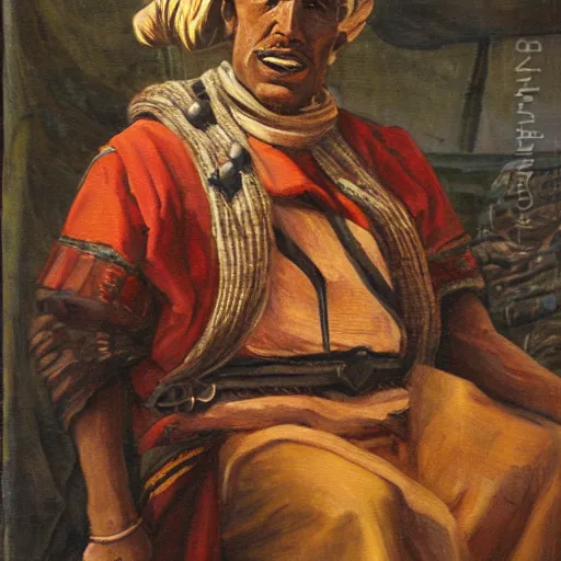 Prompt: oil painting of a berber corsair at the helm of a ship