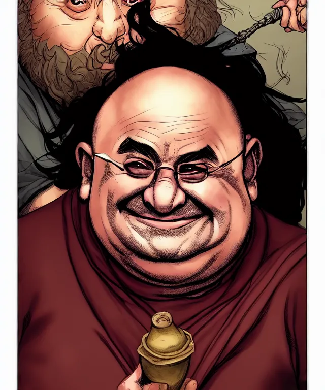 Image similar to a ( fantasy comic ) ( cover art ) portrait of a drunken dwarf monk who looks like ( danny devito ), digital illustration by jenny frison and sana takeda and kentaro miura, fine inking lines, dnd, highly detailed!, hd, 4 k, trending on artstation