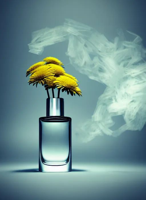 Prompt: perfume bottle standing in the center of an enchanted smokey cloud puff made of daisies, blurred background contoured smooth fair walls, up close shot, sharp focus, global illumination, radiant light, alexandre ferra, irakli nadar, octane highly render, 4 k, ultra hd,