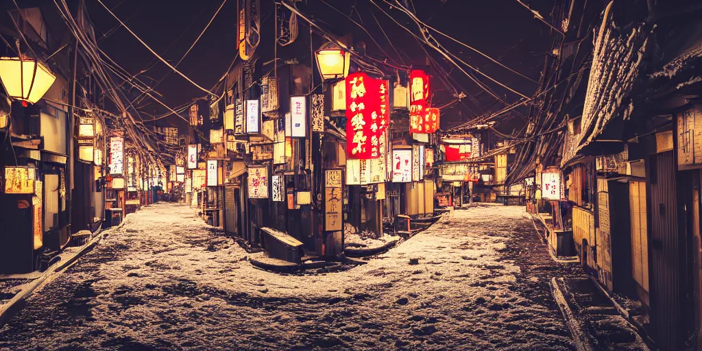 Image similar to a city street at night with a Japanese shrine on it, snowing, photograph, cyberpunk, sharp focus, intricate detail, drone shot, high resolution, 8k, neon streetlights, wires hanging down everywhere, Japan, colourful,,