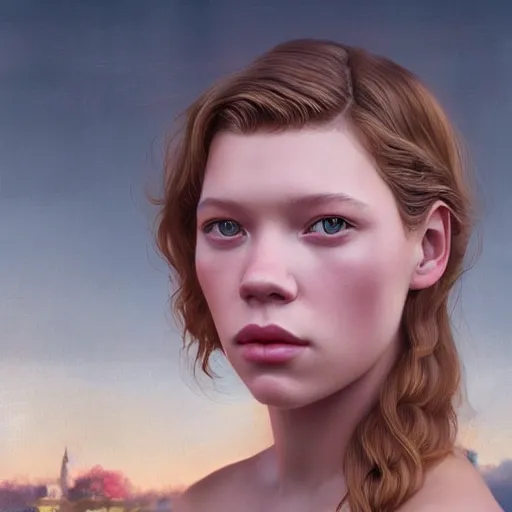 Image similar to a beautiful scenic painting of a beautiful young girl that looks like lea seydoux by artgerm and wlop and wes anderson and spike jonze